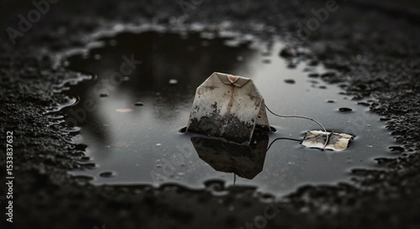 Obraz Tea bag floating in a puddle on wet asphalt surface  