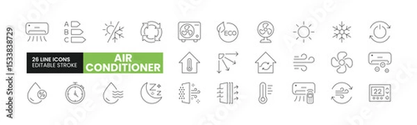 Fototapeta Set of 26 Air Conditioning line icons set. AC outline icons with editable stroke collection. Includes Energy Efficiency, Air Conditioner, Sleep Mode, Climate Control, Thermostat, and More.