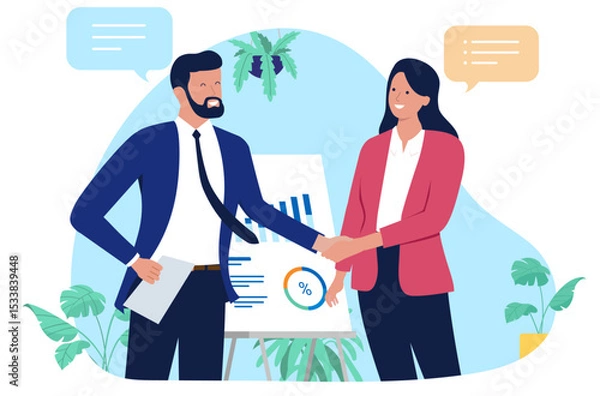 Obraz Businesspeople, man and woman shaking hands, symbolising a successful deal or partnership, with a presentation board showing charts and speech bubbles in the background. Flat design illustration