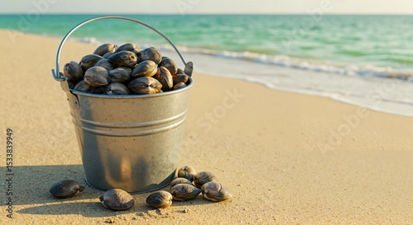 Obraz Bucket filled with clams on sandy beach by the ocean  