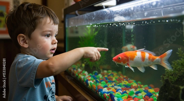 Obraz Young child pointing at goldfish in aquarium filled with colorful pebbles  