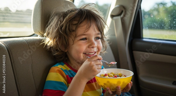 Obraz Young boy eating breakfast in car while smiling happily