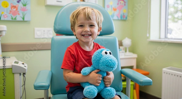 Obraz Young boy smiling while holding stuffed toy in pediatric clinic  