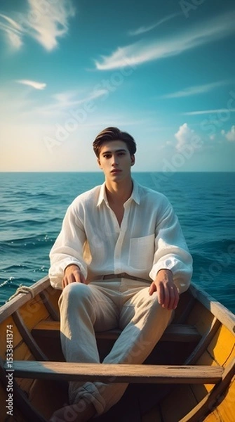 Fototapeta Men sitting on boat in ocean ai generated 