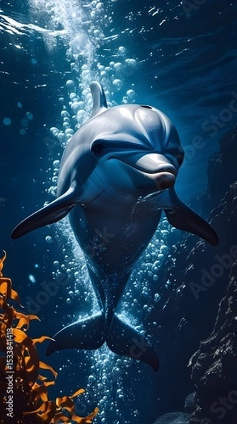 Fototapeta Dolphin in a sea and beautiful ocean wallpaper background ai generated 