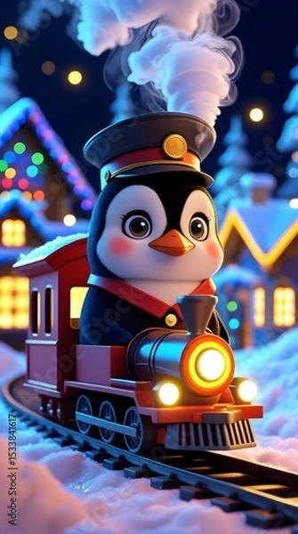 Fototapeta A penguin travel in a train ai generated 