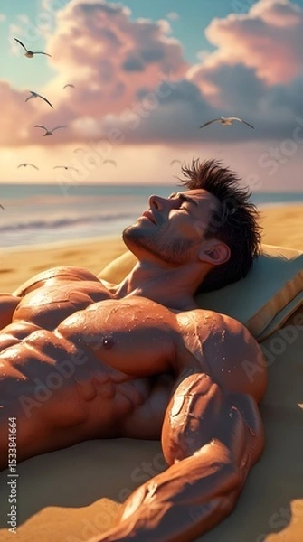 Fototapeta A bodybuilder man take rest near ocean in a sunshine ai generated 
