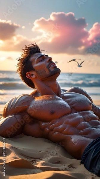 Fototapeta A bodybuilder man take rest near ocean in a sunshine ai generated 