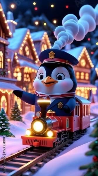 Fototapeta A penguin travel in a train ai generated 