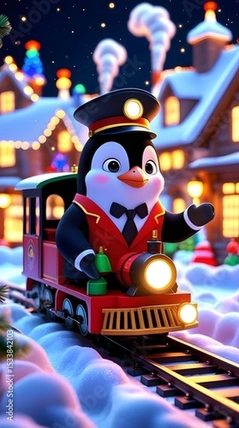 Fototapeta A penguin travel in a train ai generated 