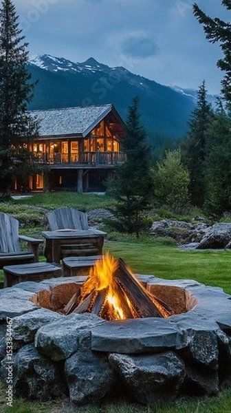 Obraz Fire pit near mountain cabin.