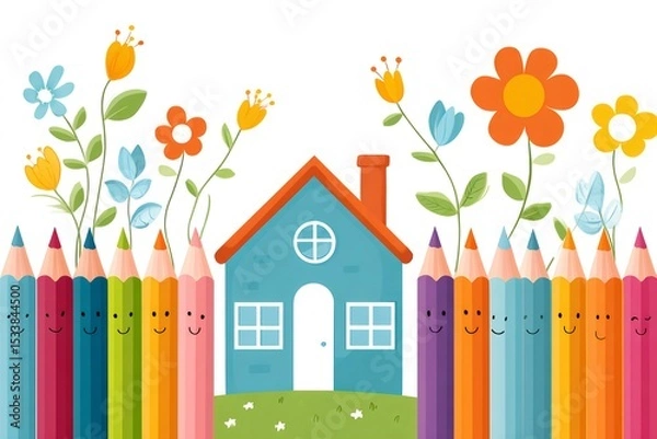 Fototapeta Colorful pencils protecting a cute little house with flowers