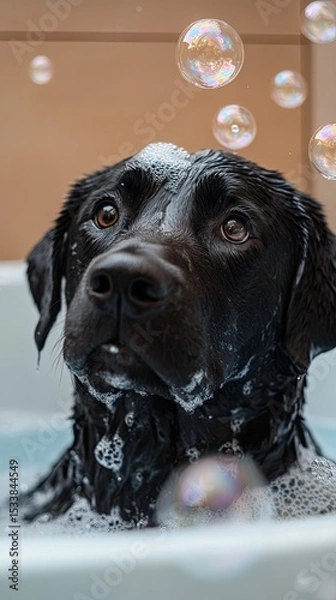 Fototapeta Labrador soaking with tunes and bubbles.