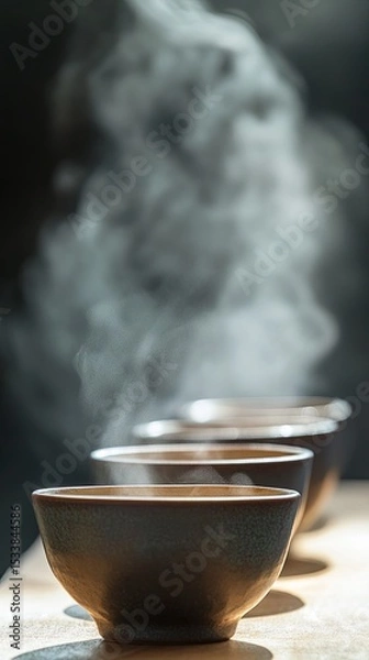 Obraz A set of ceramic tea cups with steam rising from the tea.