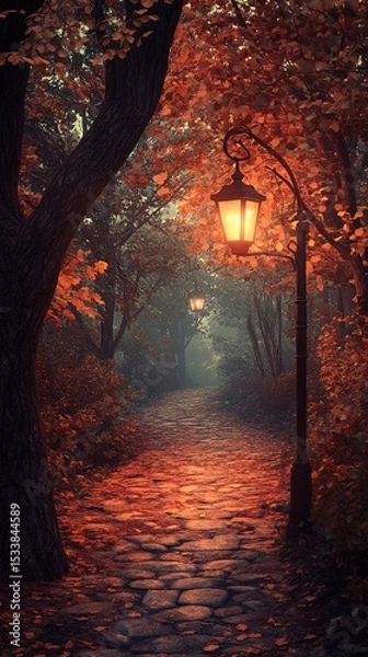 Fototapeta A lantern-lit path through a forest in autumn.