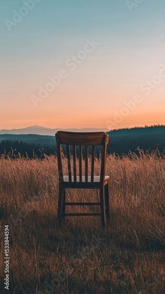 Obraz Wooden chair in the middle of a field at dusk.