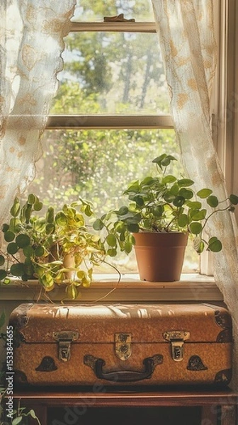 Obraz Vintage suitcase by a window with plants.