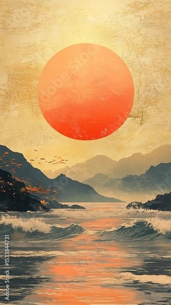 Obraz Golden sunset over a tranquil beach with distant waves.