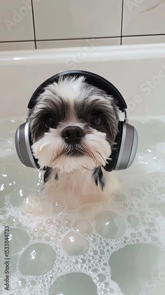 Obraz Shih Tzu in bath with headphones and bubbles.