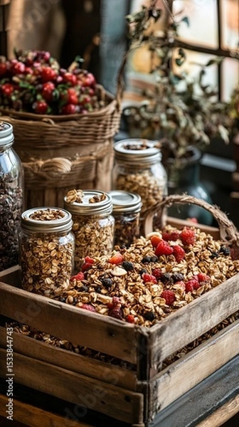 Obraz wooden crate of homemade granola jars.