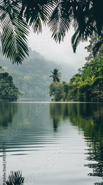 Obraz A calm lake surrounded by lush greenery and tall trees.