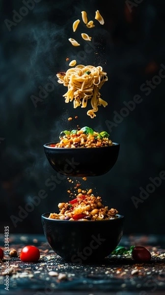 Obraz Three bowls of pasta floating in mid-air.