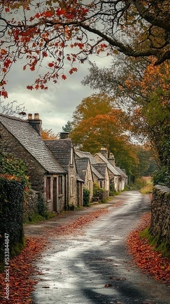 Obraz Cottages along a quiet country lane in autumn.