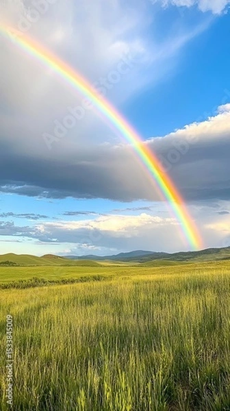 Obraz A large, vibrant rainbow stretching over a grassy field.
