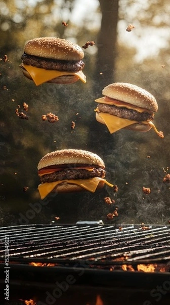 Obraz Three cheeseburgers soaring above a BBQ grill.