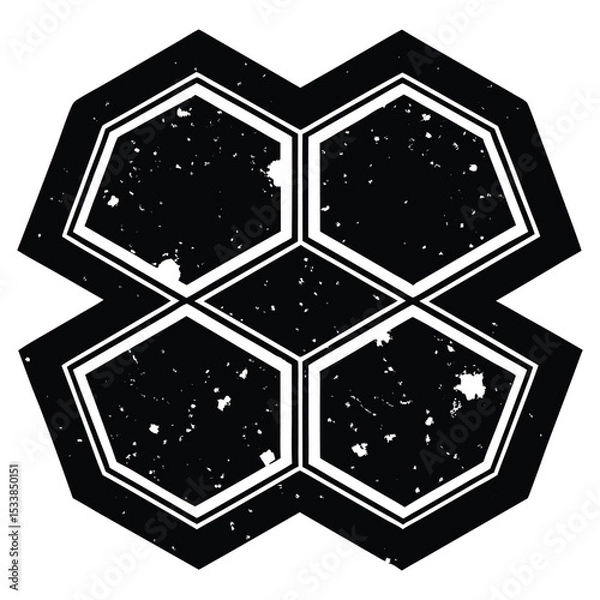 Obraz Jagged grunge hexagons with burnt edges, noise grain fill, and splattered ink marks. Abstract hexagon pattern graphic design element isolated on white background