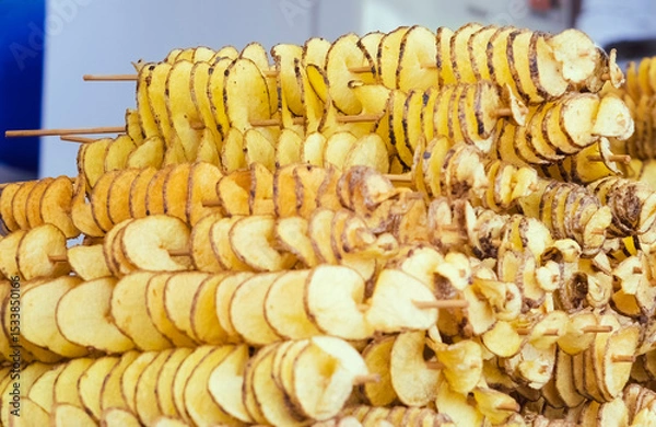 Obraz Golden spiral-cut potatoes threaded on wooden skewers. Appetizing display of crispy street food. The accordion-style sliced potatoes showcase perfect knife work and mouth-watering texture.
