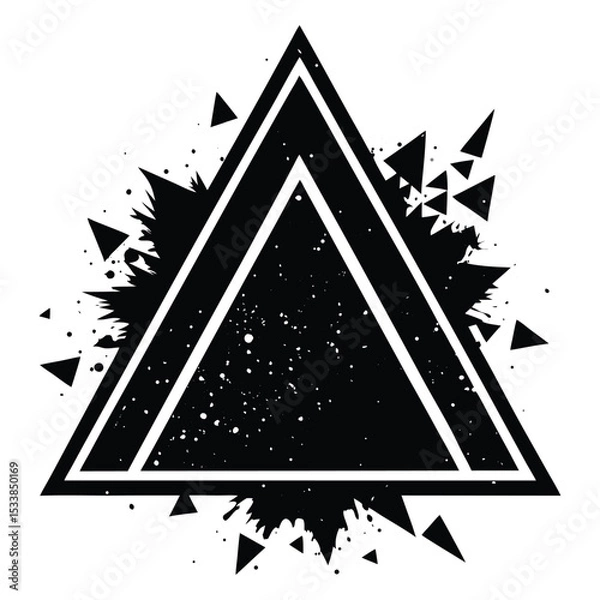 Obraz Rough grunge triangles with eroded edges, grainy overlays, and spray-paint accents in high-contrast black color. Abstract black triangle with splatter design isolated on white background