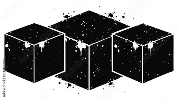 Obraz Set of box-shaped distressed overlay grunge one by one placed in silhouette with black texture and paintbrush stroke. Three black cubes with paint splatter isolated on white background