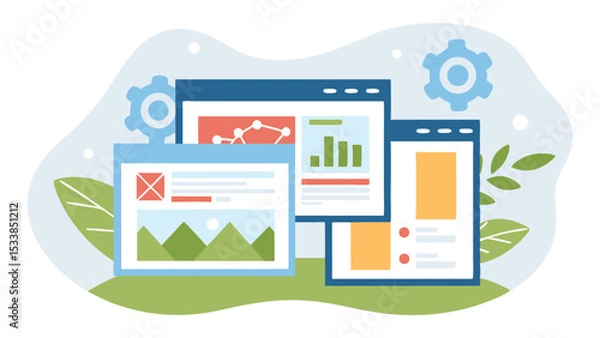 Fototapeta Illustration of three web pages with charts, images, and gears on a green and white background