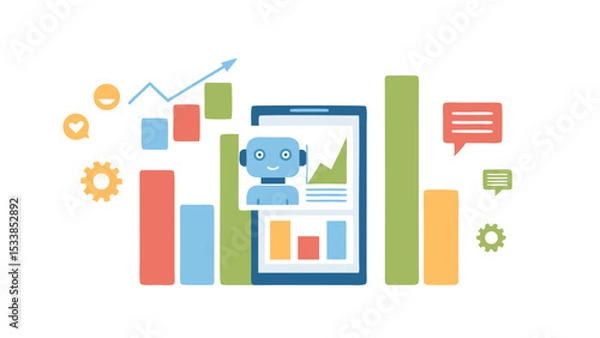 Fototapeta Illustration of a robot on a phone screen with graphs and charts around it showing data analysis
