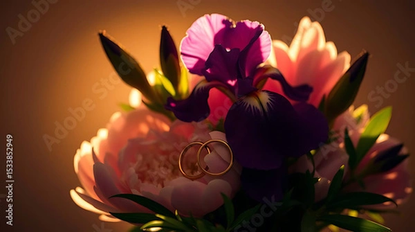 Obraz Warm Light Spring Flower Arrangement with Engagement Rings