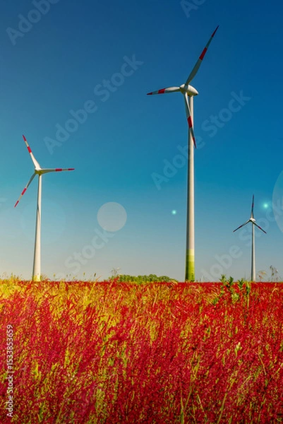 Fototapeta View over beautiful meadow field farm landscape with red flowers, wind turbines to produce green energy at sunset colors with direct sun light with lens flare and sun rays in Germany