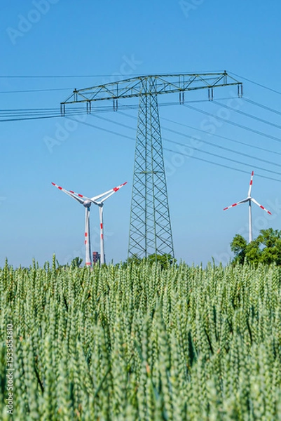 Fototapeta Beautiful wheat farm landscape with wind turbines to produce green energy and high voltage power line towers in wheat field, Germany, Summer, on a sunny day and blue sky.