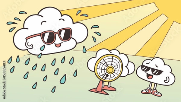 Fototapeta Cartoon clouds with sunglasses and rain interacting with a fan under a sunny sky illustration