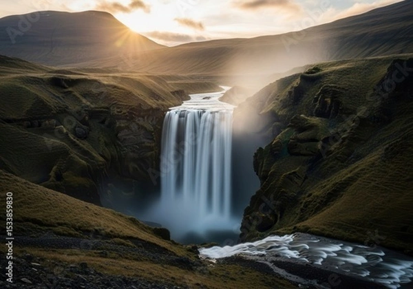 Obraz Majestic waterfall at sunrise in serene landscape