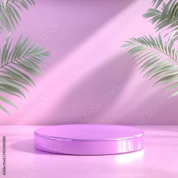 Fototapeta Round Purple Platform Surrounded by Green Palm Leaves in Soft Light