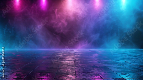 Fototapeta Modern sci-fi 3D technology background featuring colorful neon geometry, virtual empty space with dramatic lighting, clean street studio floor, surreal and immersive VR-ready atmosphere