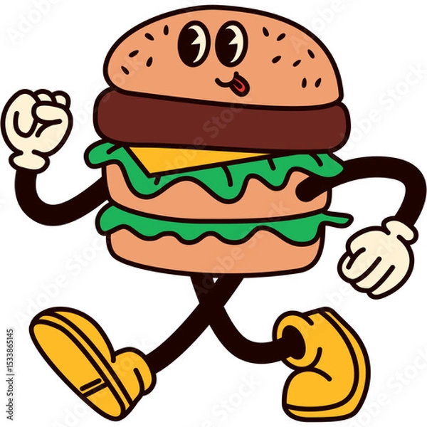 Fototapeta Retro Style Burger Guy Isolated. Vector Illustration of Old Fashion Vintage Cartoon Happy Concept. Street Food Menu.