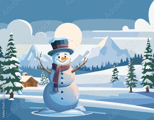 Fototapeta A winter mountain landscape with a snowman in foreground