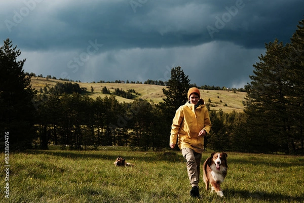 Obraz Woman in a yellow jacket and her Australian Shepherd walking across a meadow with a forest and hills under a moody sky in Zlatibor, Serbia. Female owner traveling with pets outdoor
