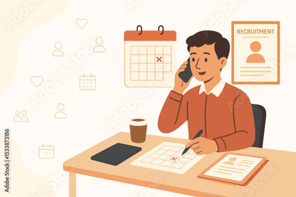 Fototapeta HR manager coordinating recruitment process via phone with calendar and hiring documents, white background composition