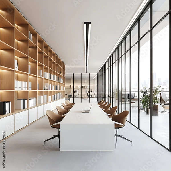Fototapeta A Room with a mockup poster empty white and with a long table and chairs in office and a large picture frame reality meaning image.
