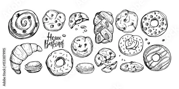 Fototapeta Home Baking. Set of different pastries. Cookies, croissants, puffs, macaroons, donuts sketch collection. Hand drawn elements for package, menu, recipe. Sketch ink graphic bakery set. Sweet dessert