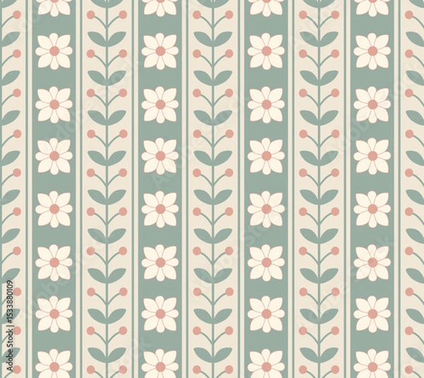 Fototapeta Seamless floral folk art pattern with vertical stripes. Scandinavian retro design in pastel green, cream and soft pink. Perfect for fabric, wrapping paper, wallpaper, and digital backgrounds. Vector