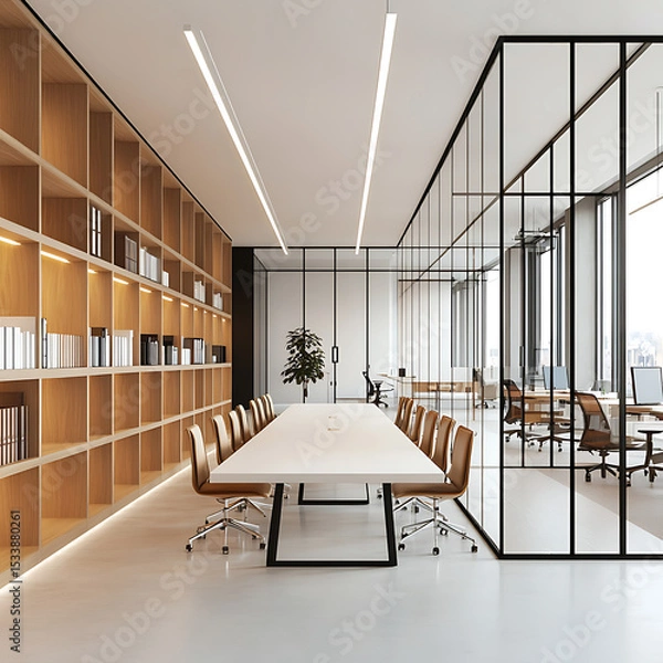 Fototapeta A Room with a mockup poster empty white and with a long table and chairs in office and a large picture frame reality meaning image.
